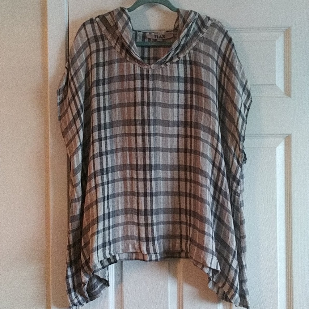Flax Hooded Plaid Tunic black, gray, tan, cream